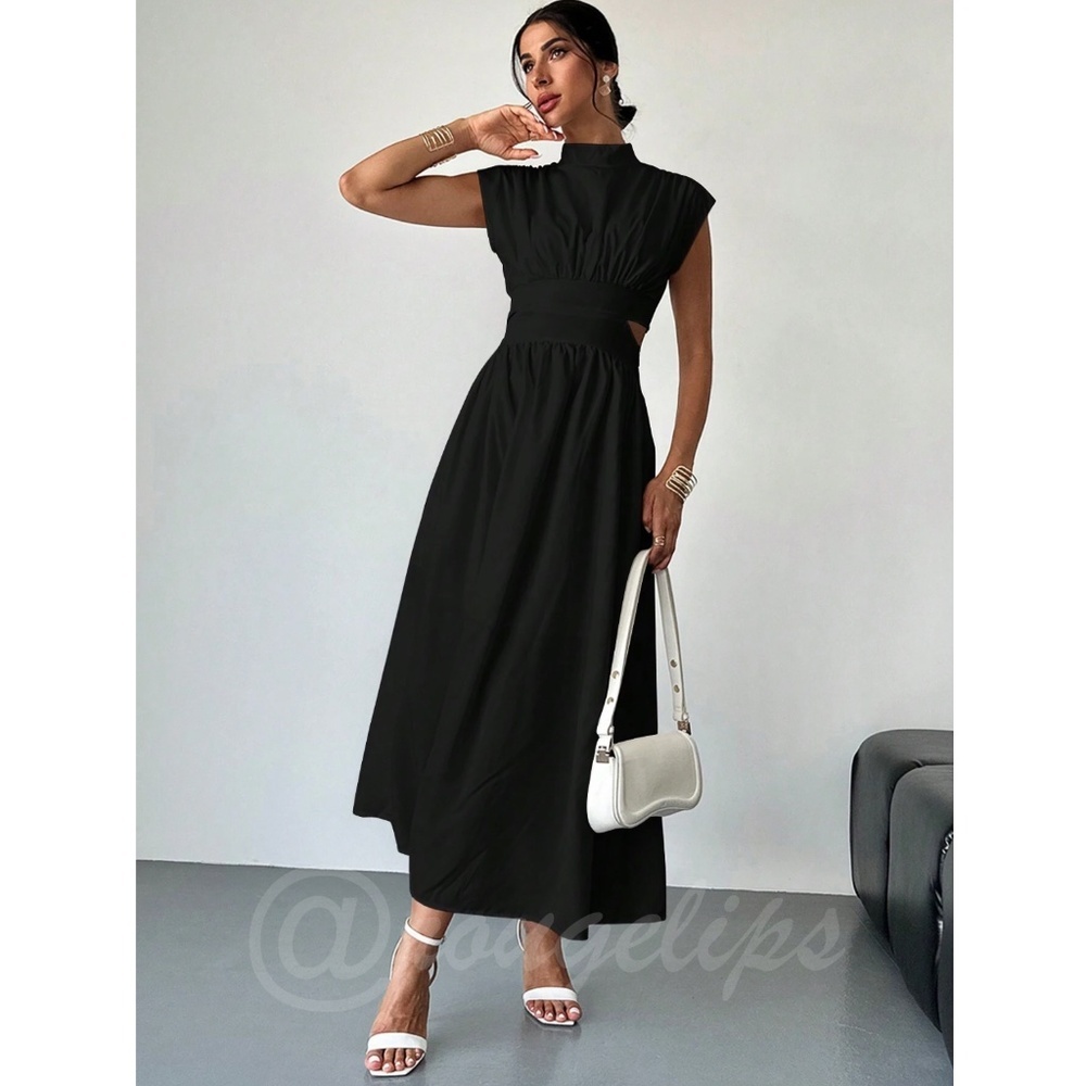 Black Long Dress High Neck Cut Out Back Flared Skirt Sleeveless - Picture 5 of 10